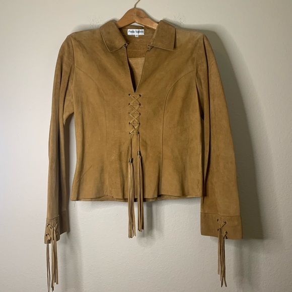 Vintage Paolo Santini 100% Suede Leather Lace Up Bohemian Long Sleeve Top - Picture 9 of 15
